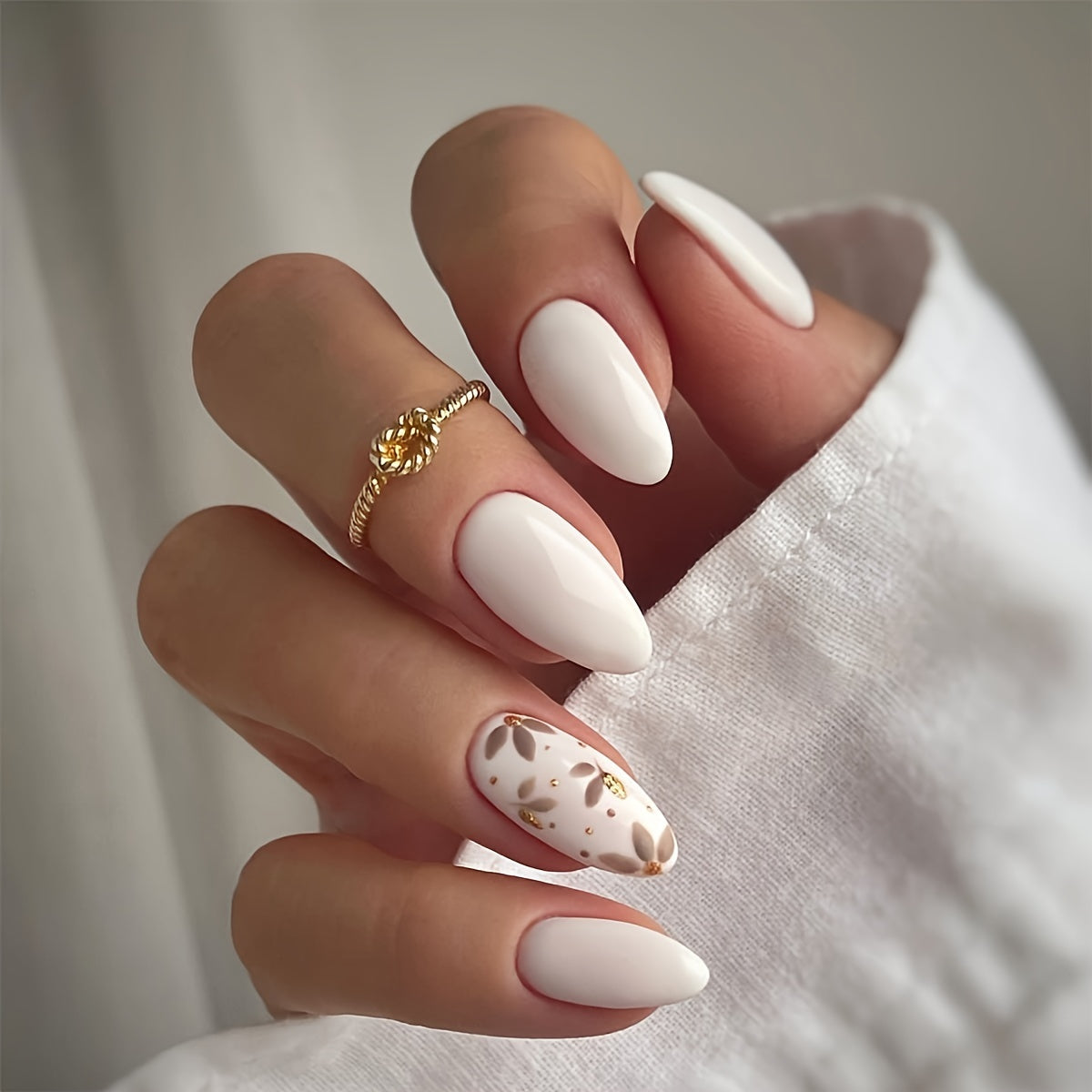Almond Shape Nails - White Solid Color With Flower Design