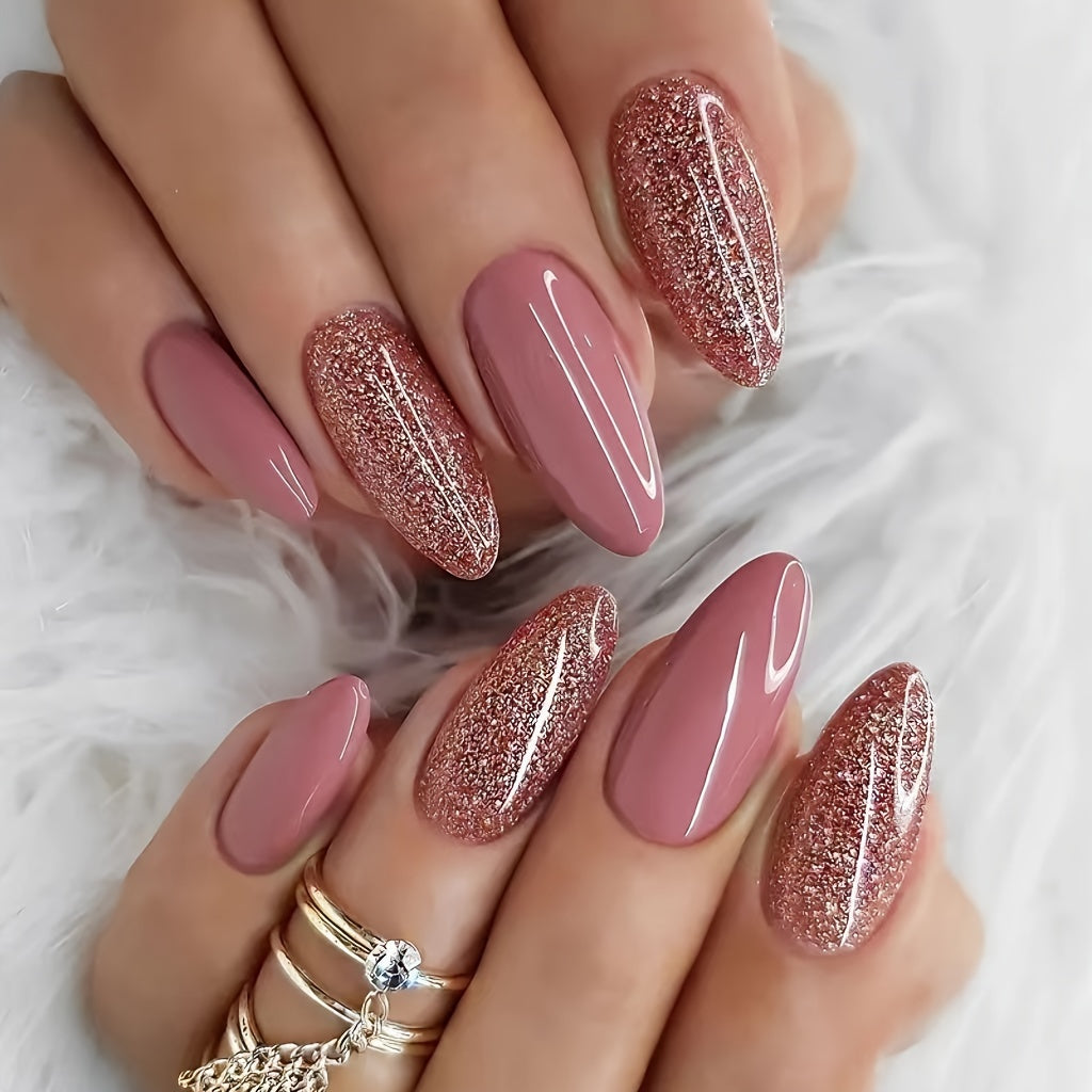 Medium Almond in Peach Pink with Glitter Accent Nails