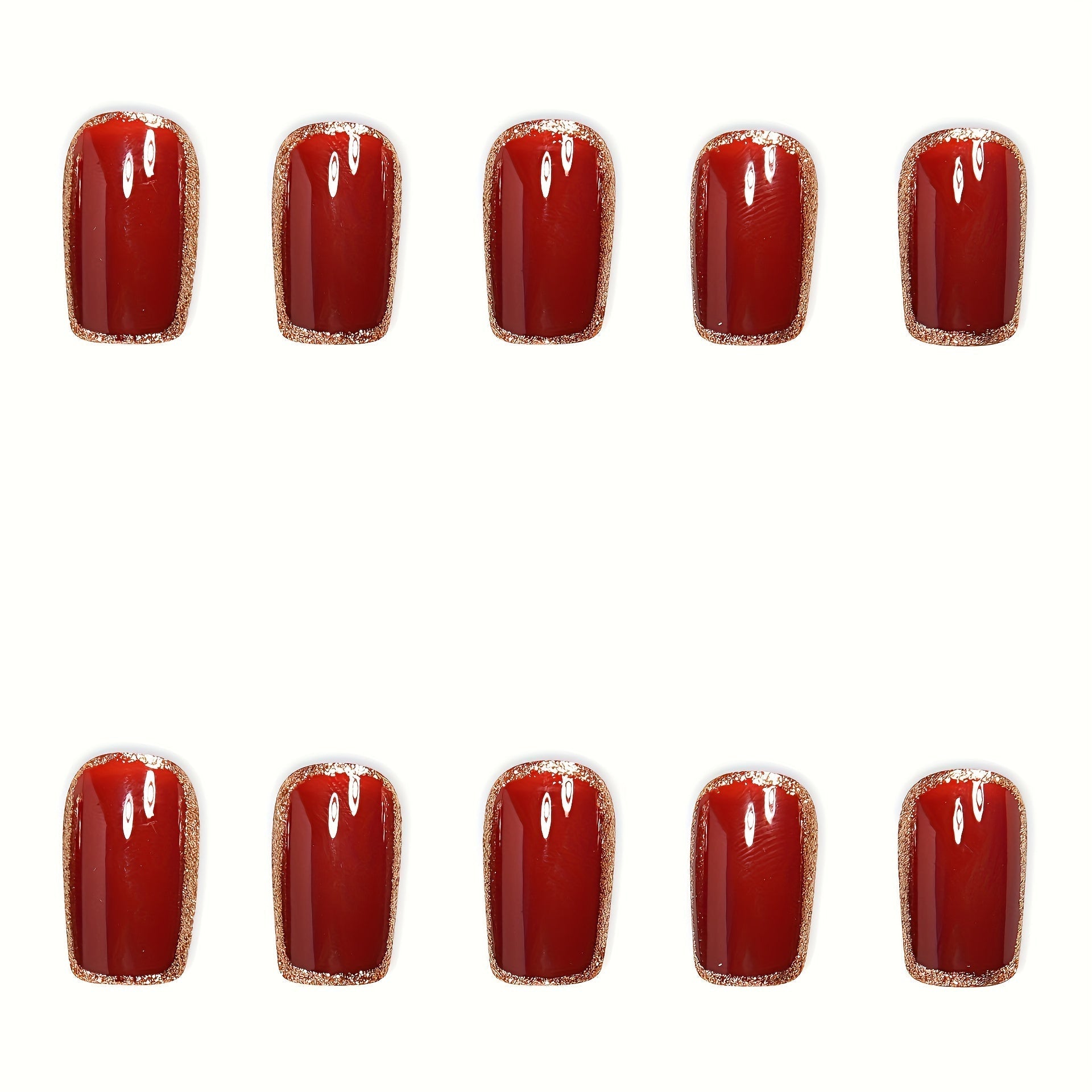 Elegant Red & Golden Square Shape, Medium Length Nails