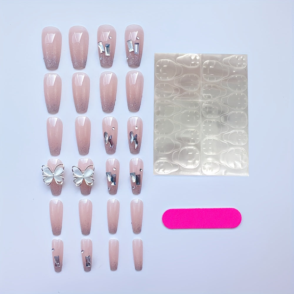 Long, Glittery Cat Eye & Rhinestone Butterfly Design Nails