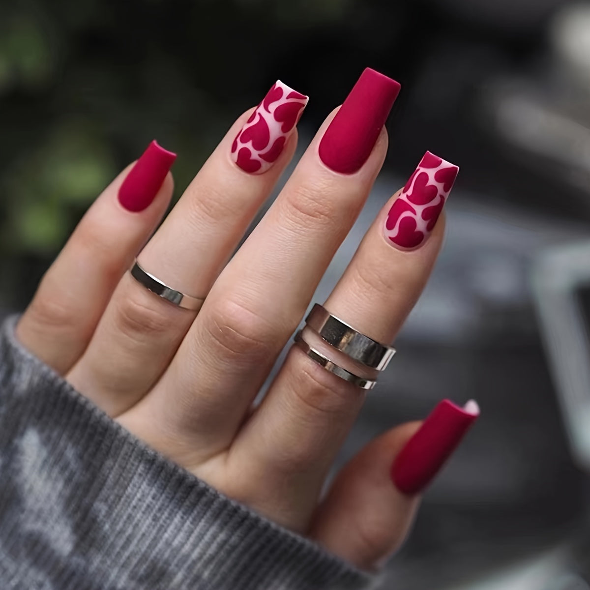Medium Length Square Matte Sexy Red Heart Design Nails