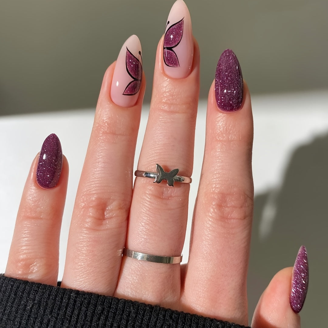 Red Velvet Butterfly Almond Shaped Nails