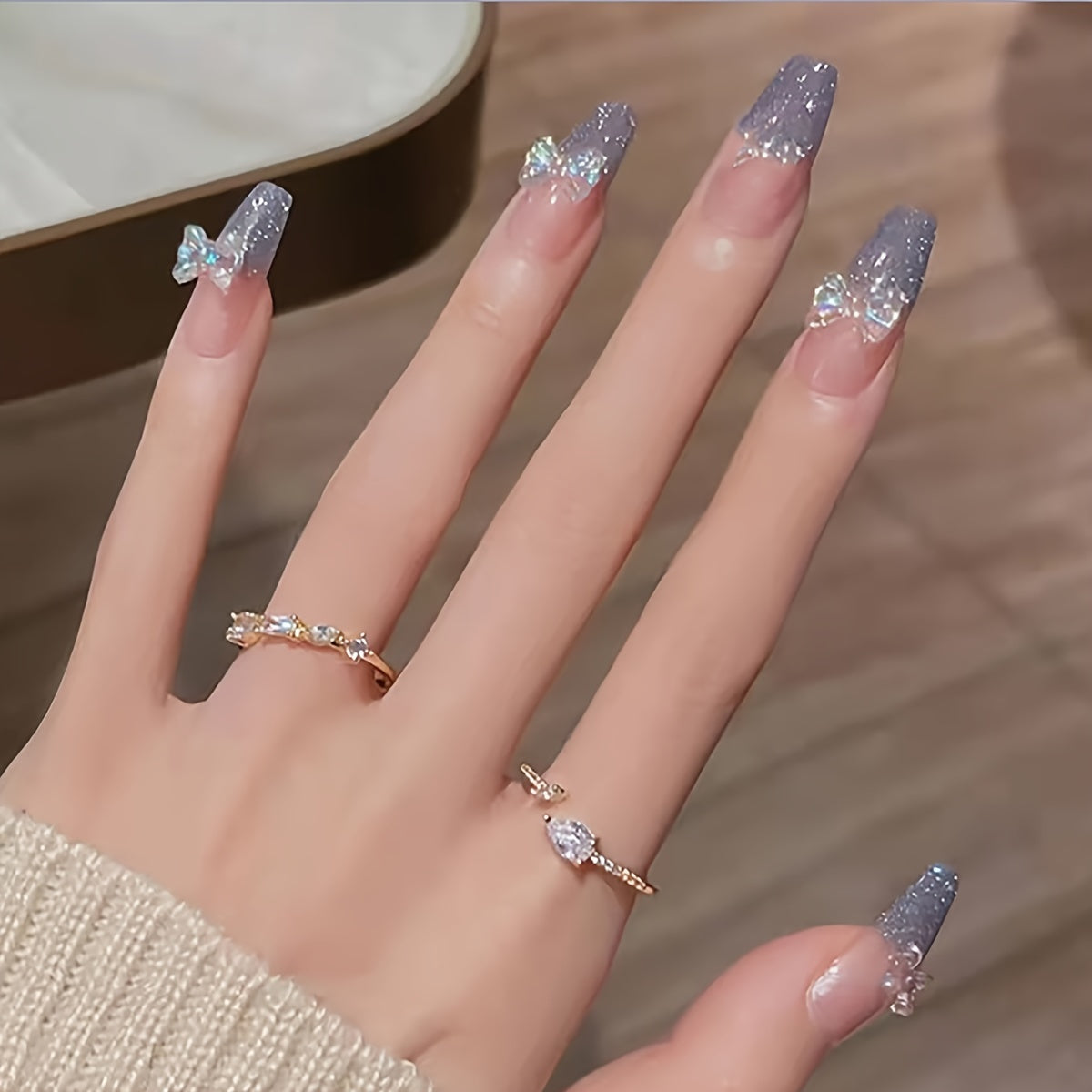 Blue Gradient 3D Crystal Butterfly Design Nails