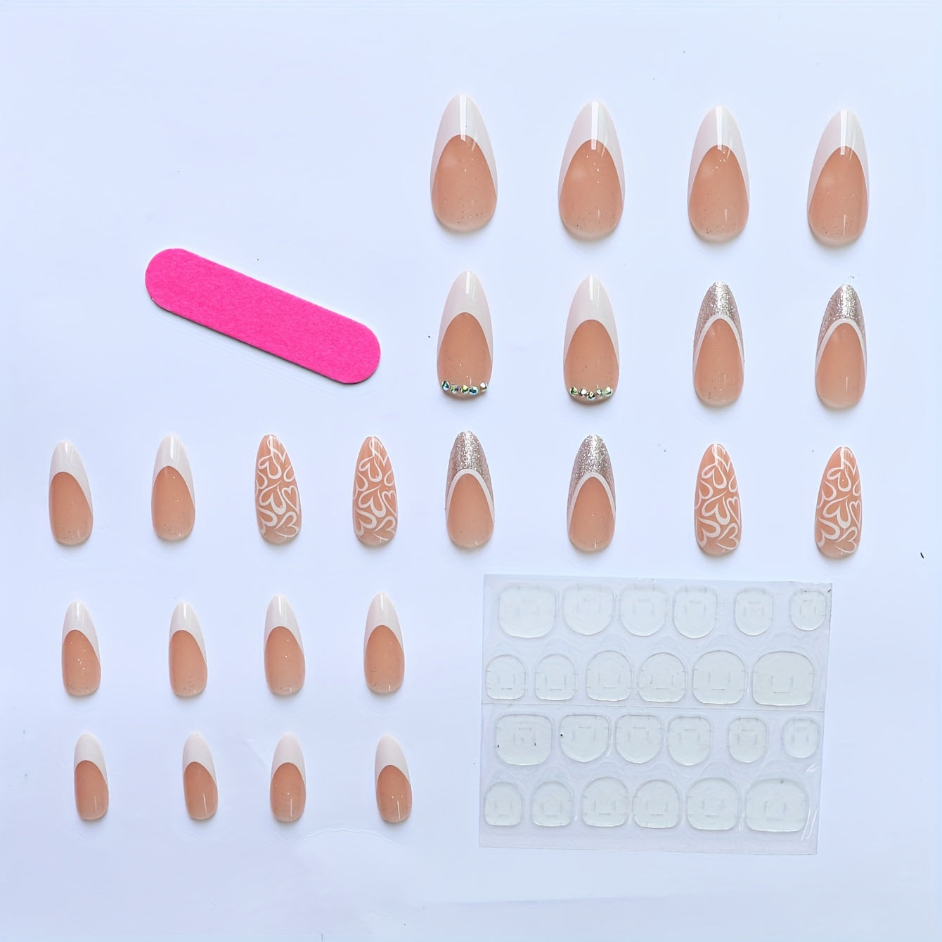 Medium Almond Shaped French White Edge Heart  Nail Tips