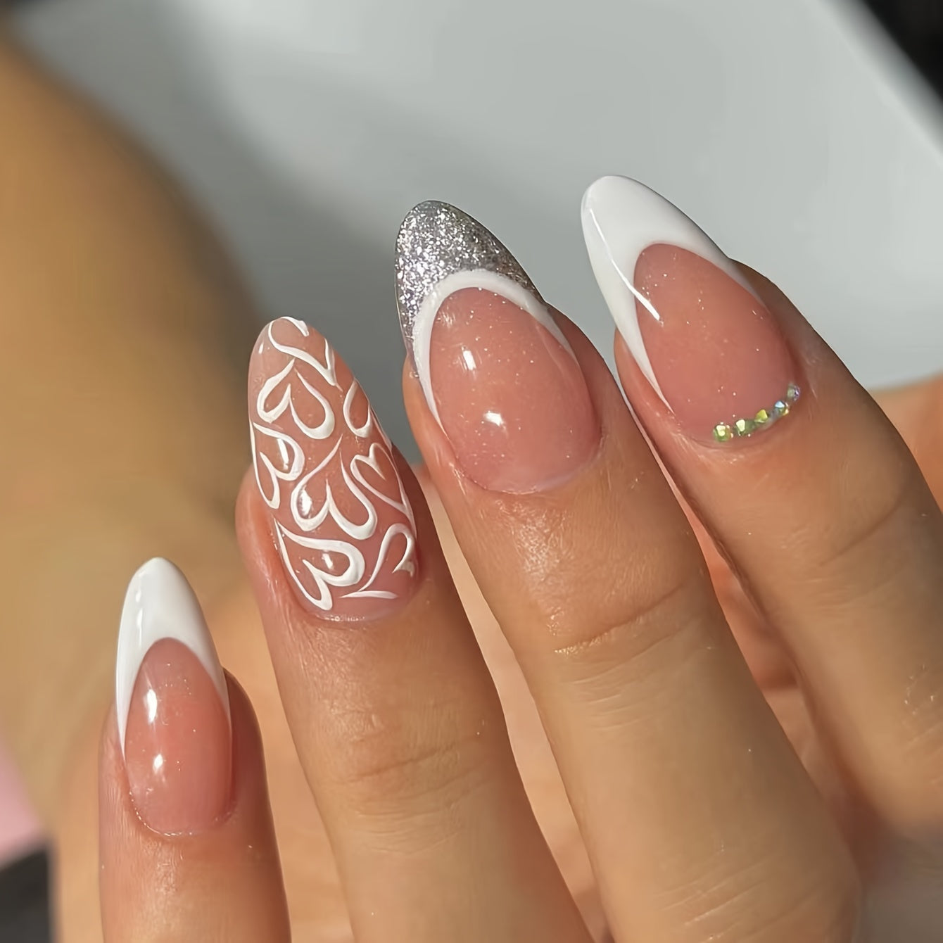 Medium Almond Shaped French White Edge Heart  Nail Tips