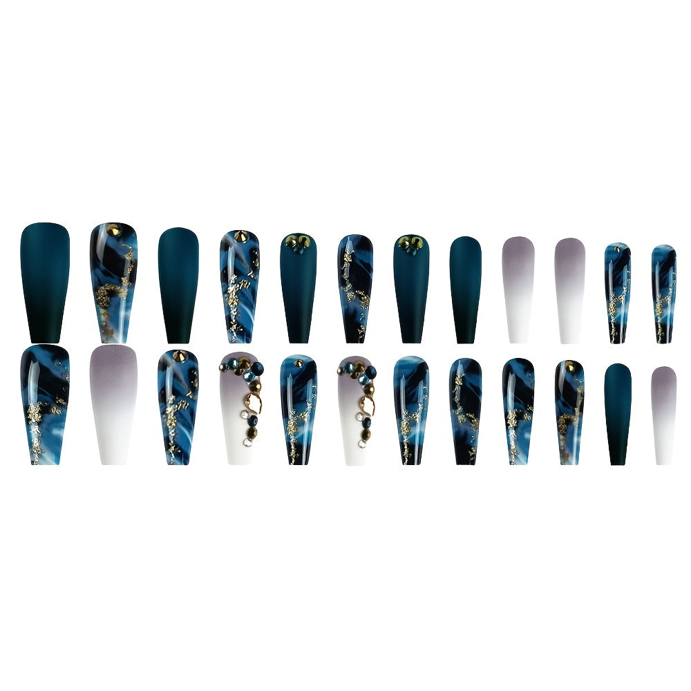Long Marbled Fake Nails Rhinestone Coffin Dark Green